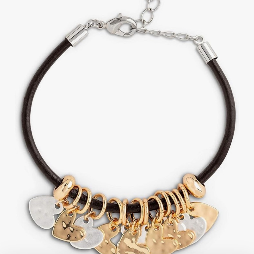 Cute Gold and Silver Tones One Size Fits Most Leather and Metal Charm Bracelet